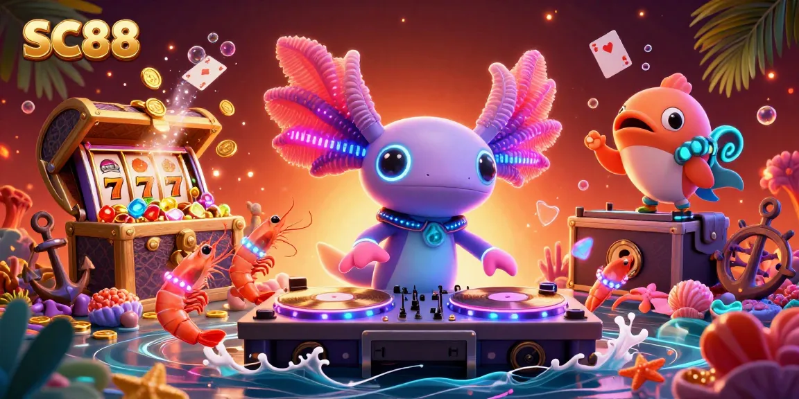 Experience SC88's lively underwater casino scene with axolotl DJ and colorful characters mixing treasure and fun.