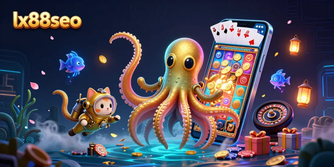 Engage with the lx88seo action-packed scene, showcasing a kraken, diving cat, and exciting casino games.
