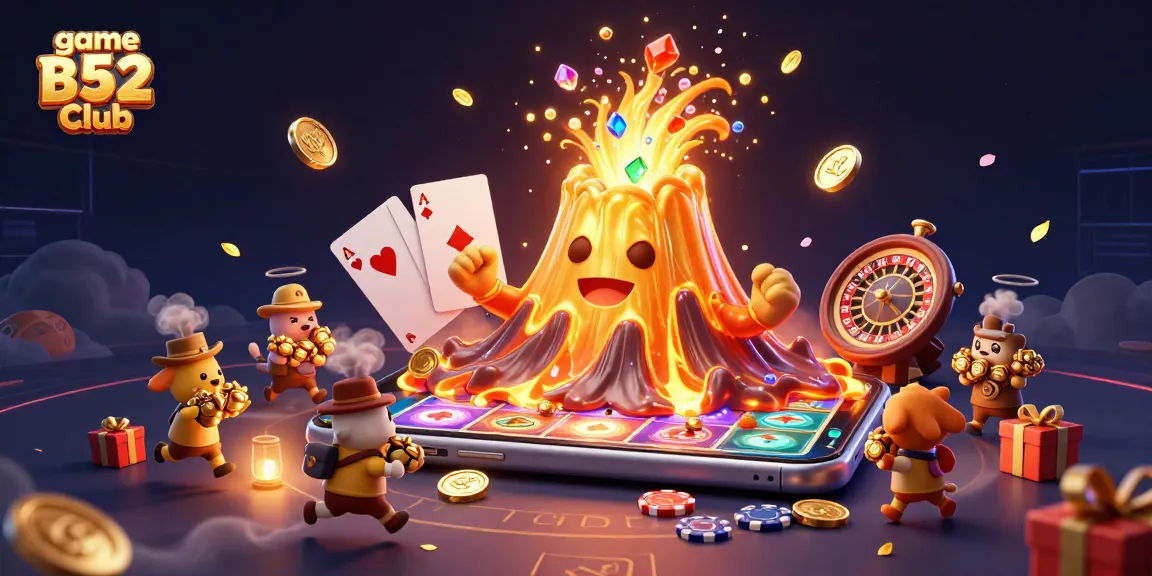 Experience the thrilling game B52 Club with treasures erupting from a golden volcano in a vibrant casino scene.