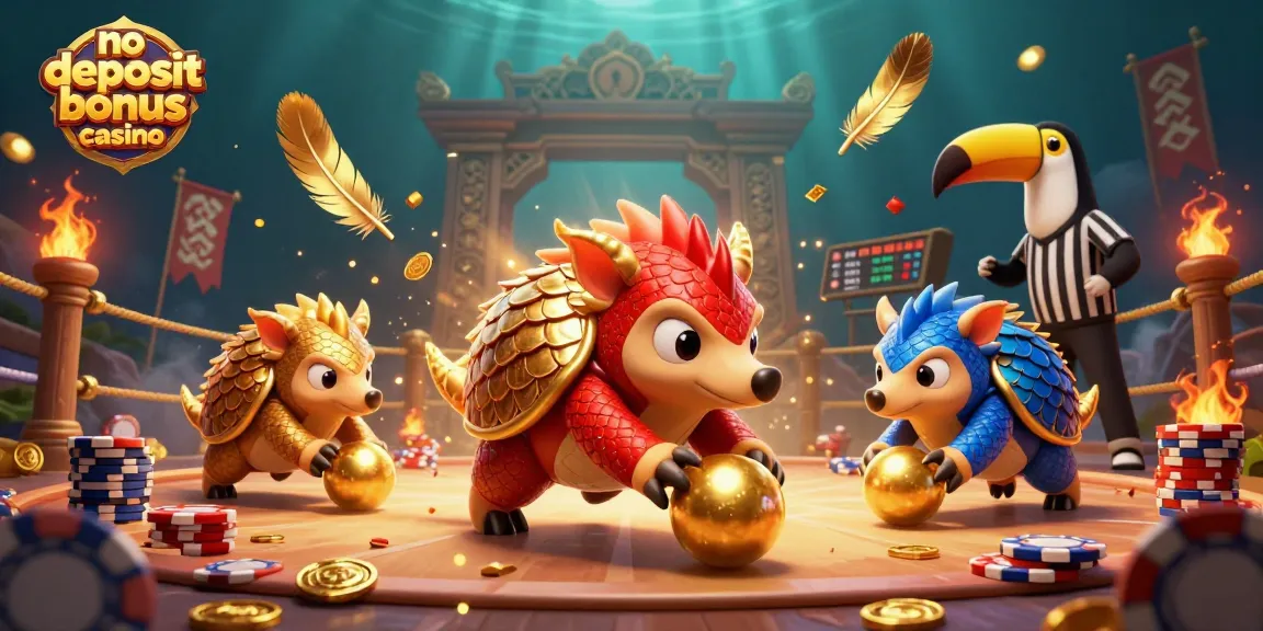 Engage in thrilling action at a no deposit bonus casino, featuring rival pangolins bowling through poker chips surrounded by vibrant casino elements.