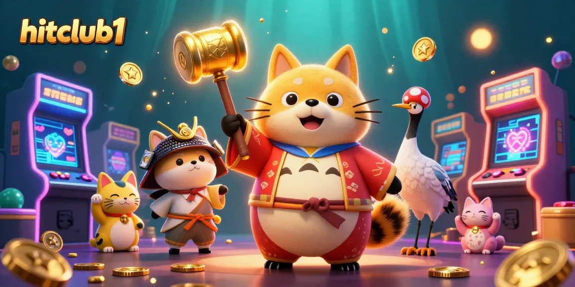 Engage with hitclub1 Casino's dynamic gaming experience featuring fun characters and glowing arcade elements.